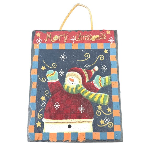 Snowman Slate Wall Hanging Merry Christmas Holiday Art Leather Strap 7.5" x 9.5" - Picture 2 of 11